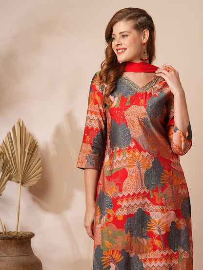 Floral Printed & Hand Embroidered Straight Kurta with Pant & Dupatta - Multi