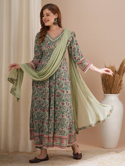 Ethnic Floral Printed & Hand Embroidered Anarkali Kurta with Pant & Dupatta - Mint Green