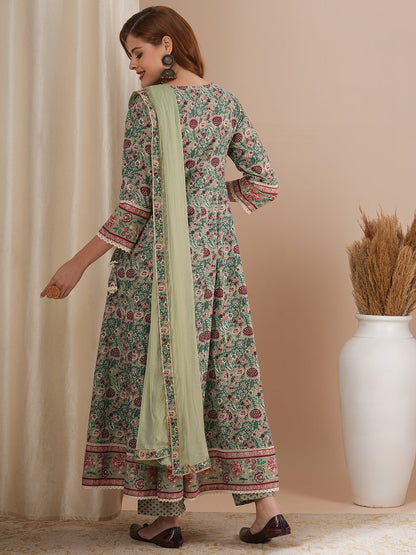 Ethnic Floral Printed & Hand Embroidered Anarkali Kurta with Pant & Dupatta - Mint Green