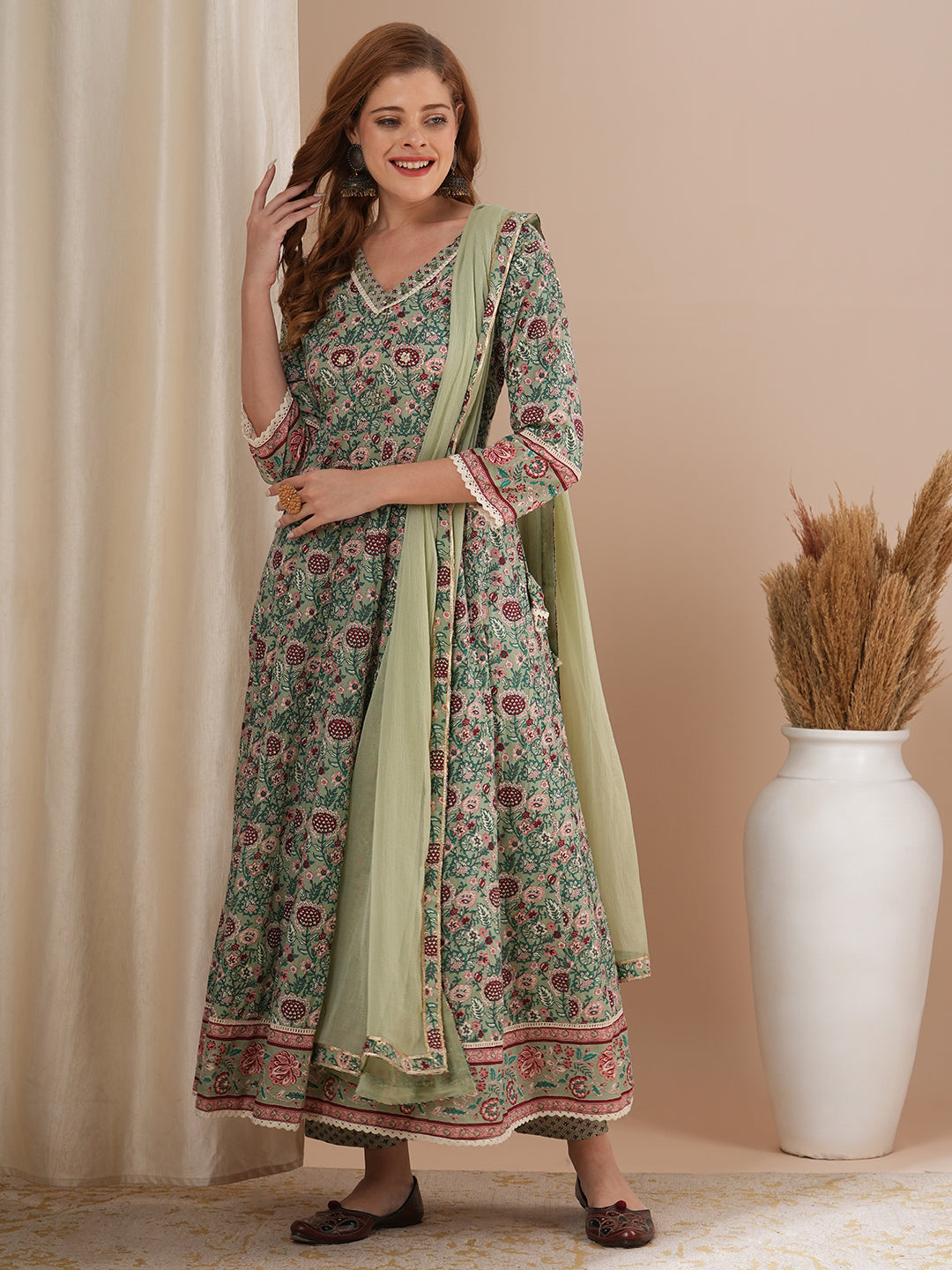 Ethnic Floral Printed & Hand Embroidered Anarkali Kurta with Pant & Dupatta - Mint Green