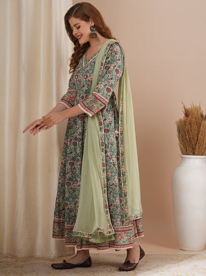 Ethnic Floral Printed & Hand Embroidered Anarkali Kurta with Pant & Dupatta - Mint Green