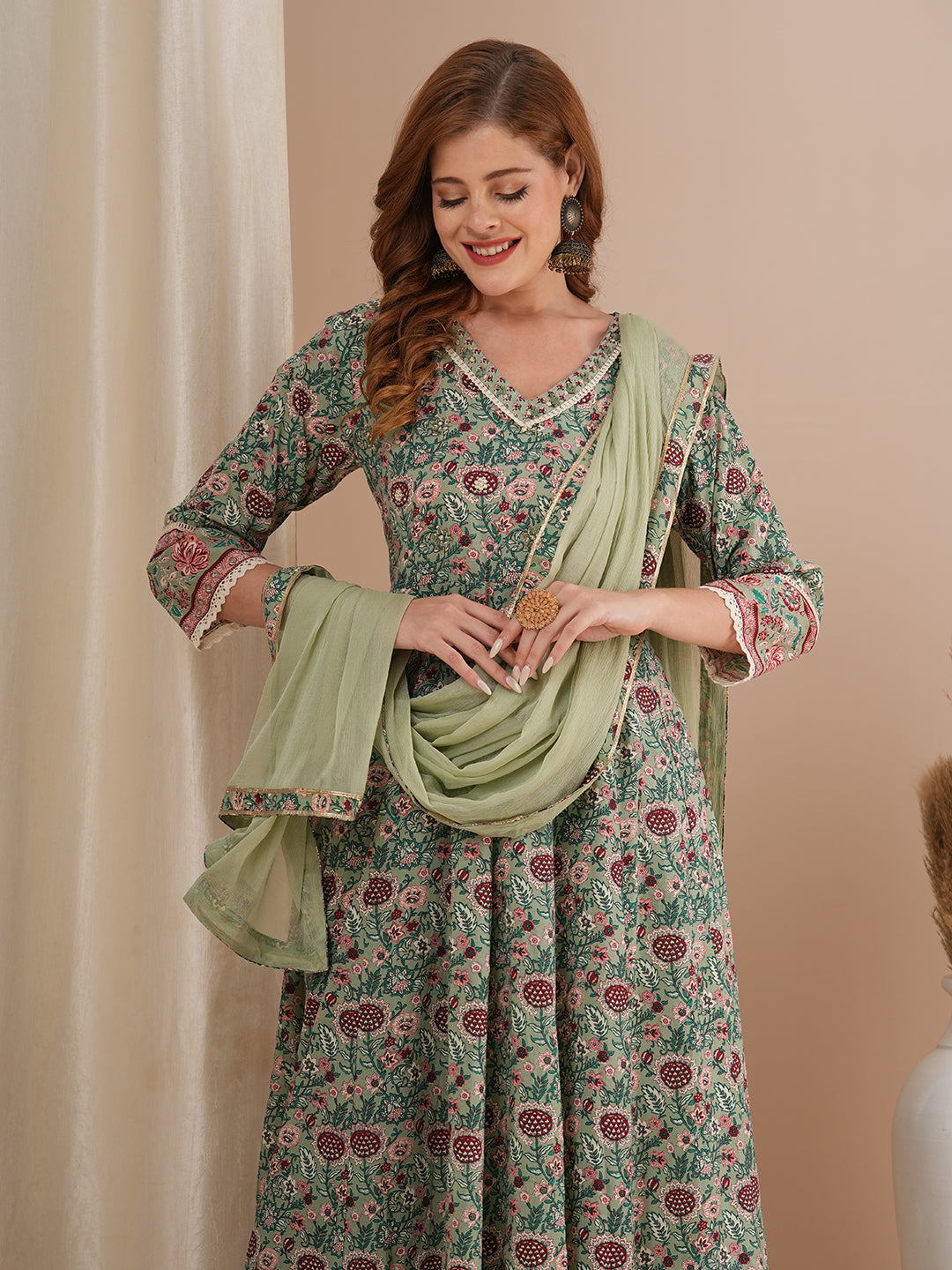 Ethnic Floral Printed & Hand Embroidered Anarkali Kurta with Pant & Dupatta - Mint Green