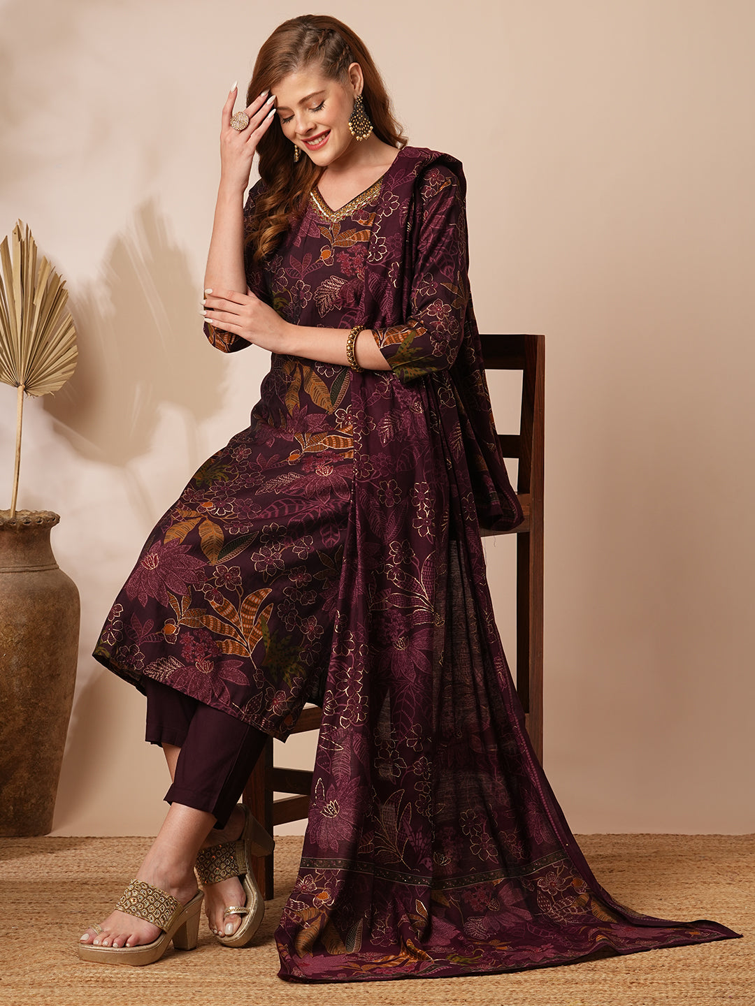 Floral Foil Printed & Embroidered Straight Kurta with Pant & Dupatta - Burgundy