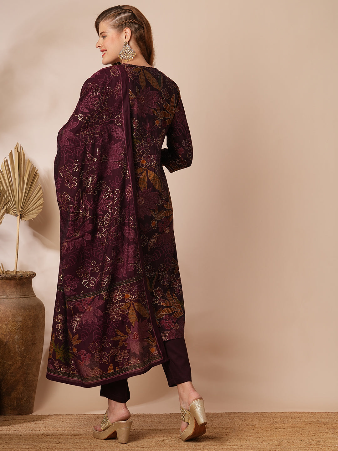 Floral Foil Printed & Embroidered Straight Kurta with Pant & Dupatta - Burgundy