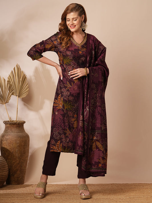 Floral Foil Printed & Embroidered Straight Kurta with Pant & Dupatta - Burgundy