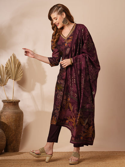 Floral Foil Printed & Embroidered Straight Kurta with Pant & Dupatta - Burgundy