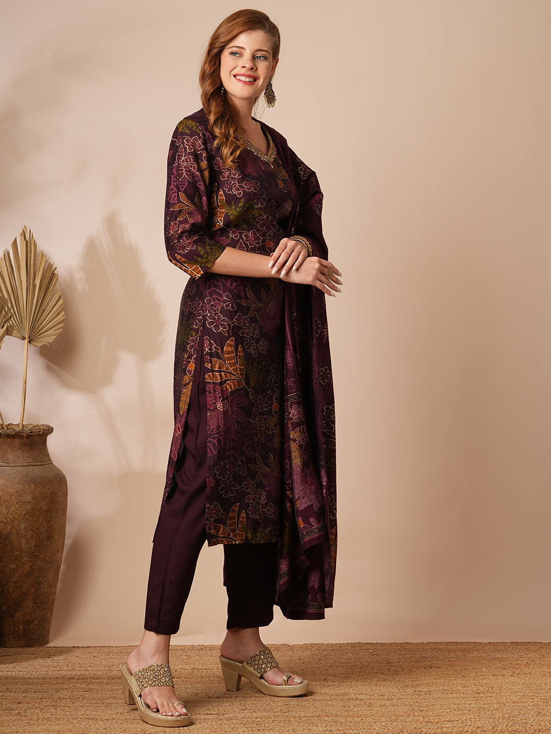 Floral Foil Printed & Embroidered Straight Kurta with Pant & Dupatta - Burgundy