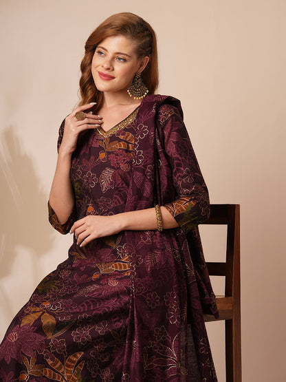 Floral Foil Printed & Embroidered Straight Kurta with Pant & Dupatta - Burgundy