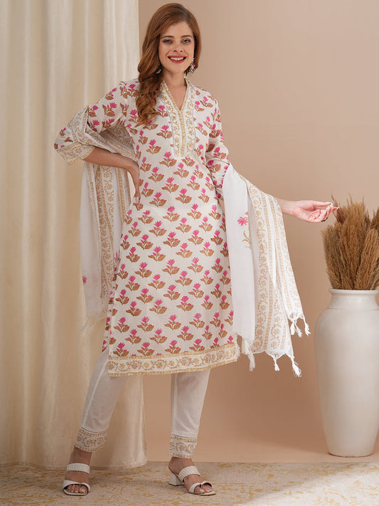 Floral Printed & Embroidered Straight Kurta with Pant & with Printed Dupatta – Off White