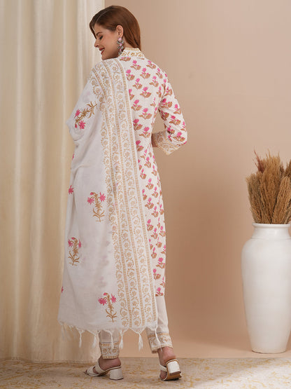 Floral Printed & Embroidered Straight Kurta with Pant & with Printed Dupatta – Off White