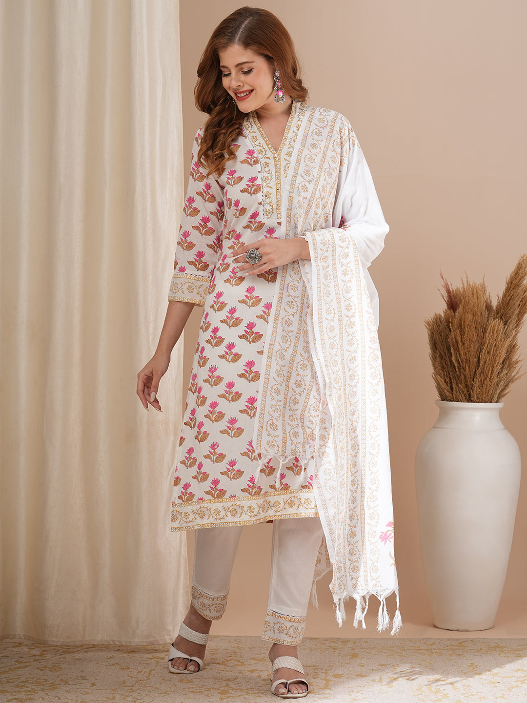 Floral Printed & Embroidered Straight Kurta with Pant & with Printed Dupatta – Off White