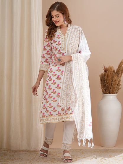 Floral Printed & Embroidered Straight Kurta with Pant & with Printed Dupatta – Off White