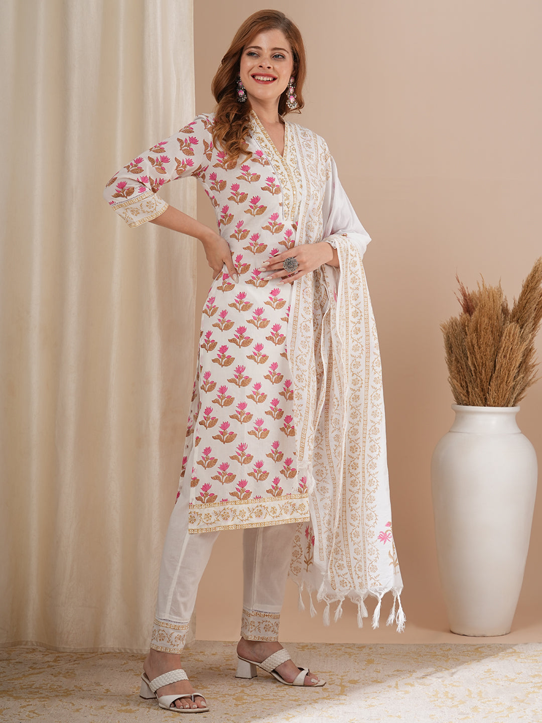 Floral Printed & Embroidered Straight Kurta with Pant & with Printed Dupatta – Off White