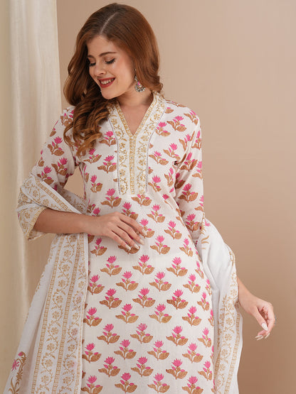 Floral Printed & Embroidered Straight Kurta with Pant & with Printed Dupatta – Off White