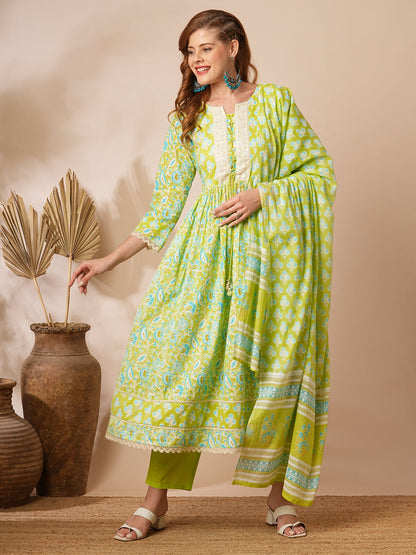 Ethnic Floral Printed A-Line Pleated Kurta with Pant and Printed Dupatta - Lime Green