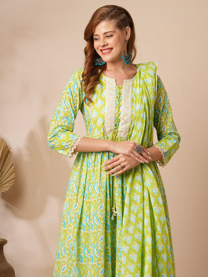 Ethnic Floral Printed A-Line Pleated Kurta with Pant and Printed Dupatta - Lime Green