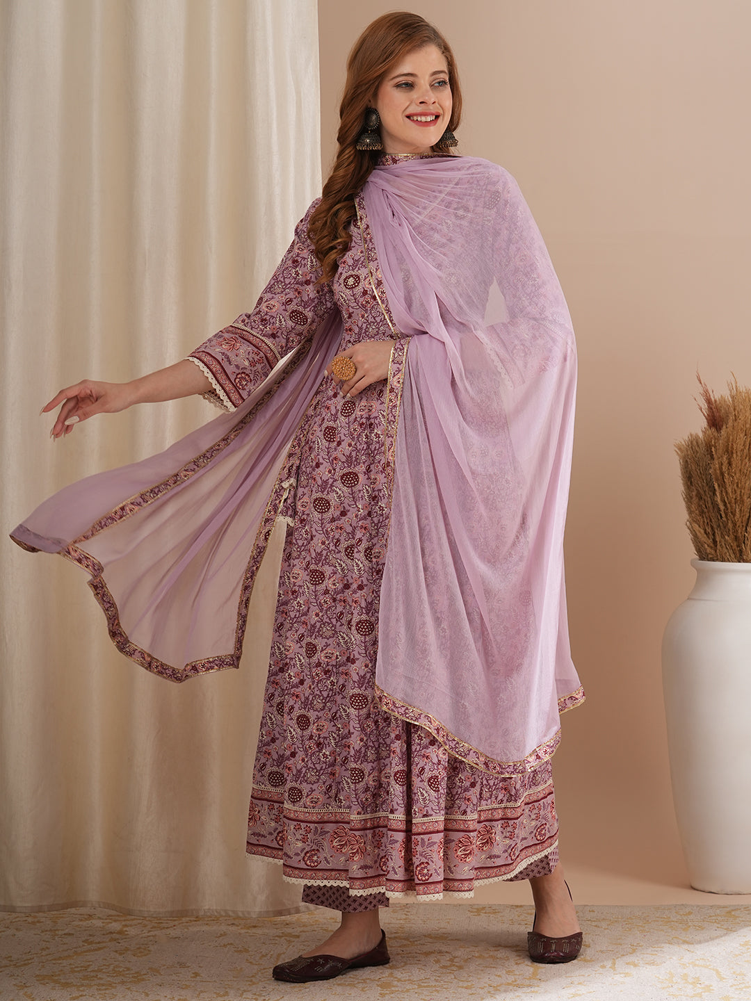 Ethnic Floral Printed & Hand Embroidered Anarkali Kurta with Pant & Dupatta - Lavender