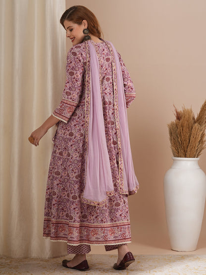 Ethnic Floral Printed & Hand Embroidered Anarkali Kurta with Pant & Dupatta - Lavender