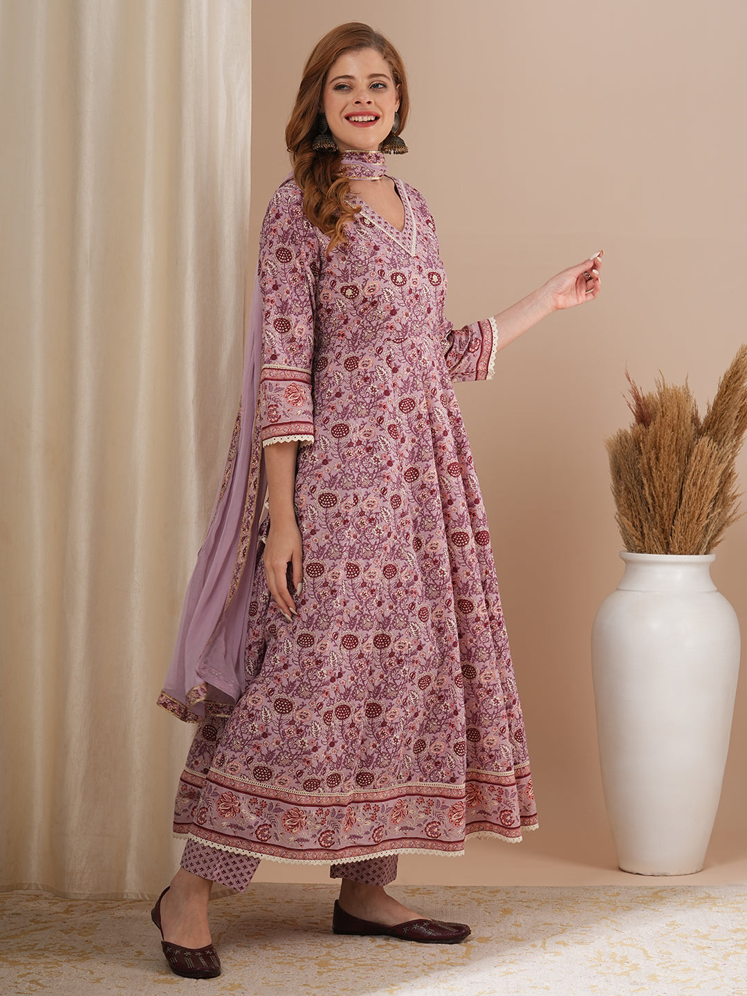 Ethnic Floral Printed & Hand Embroidered Anarkali Kurta with Pant & Dupatta - Lavender