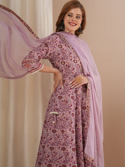 Ethnic Floral Printed & Hand Embroidered Anarkali Kurta with Pant & Dupatta - Lavender