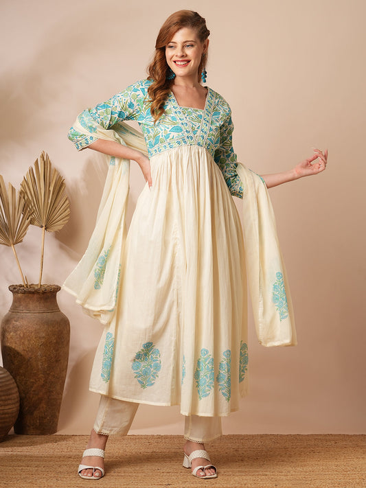 Floral Printed & Embroidered A-Line Pleated Kurta with Pant & Dupatta - Off White