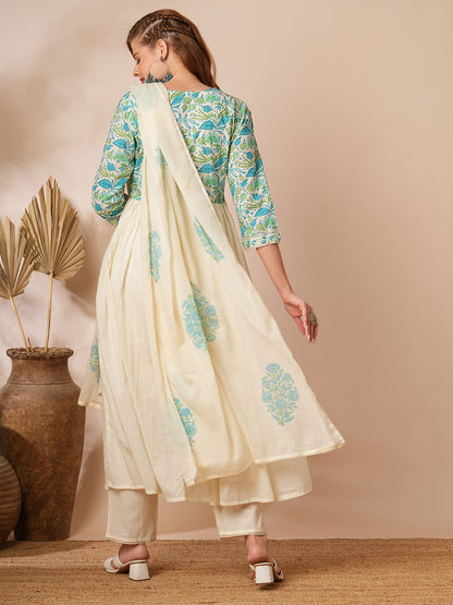 Floral Printed & Embroidered A-Line Pleated Kurta with Pant & Dupatta - Off White