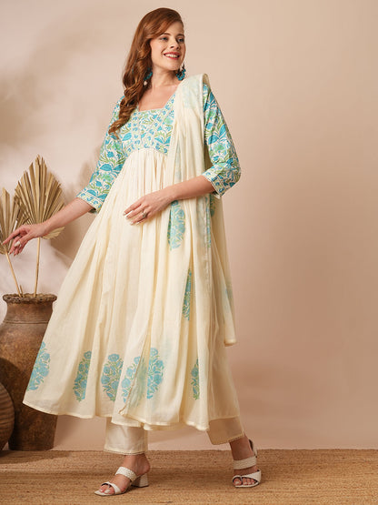 Floral Printed & Embroidered A-Line Pleated Kurta with Pant & Dupatta - Off White