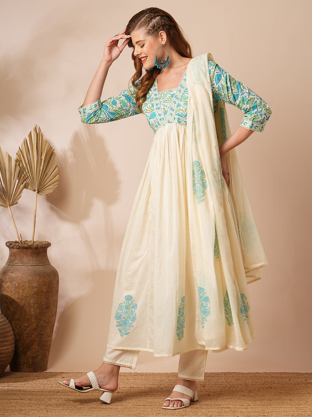 Floral Printed & Embroidered A-Line Pleated Kurta with Pant & Dupatta - Off White