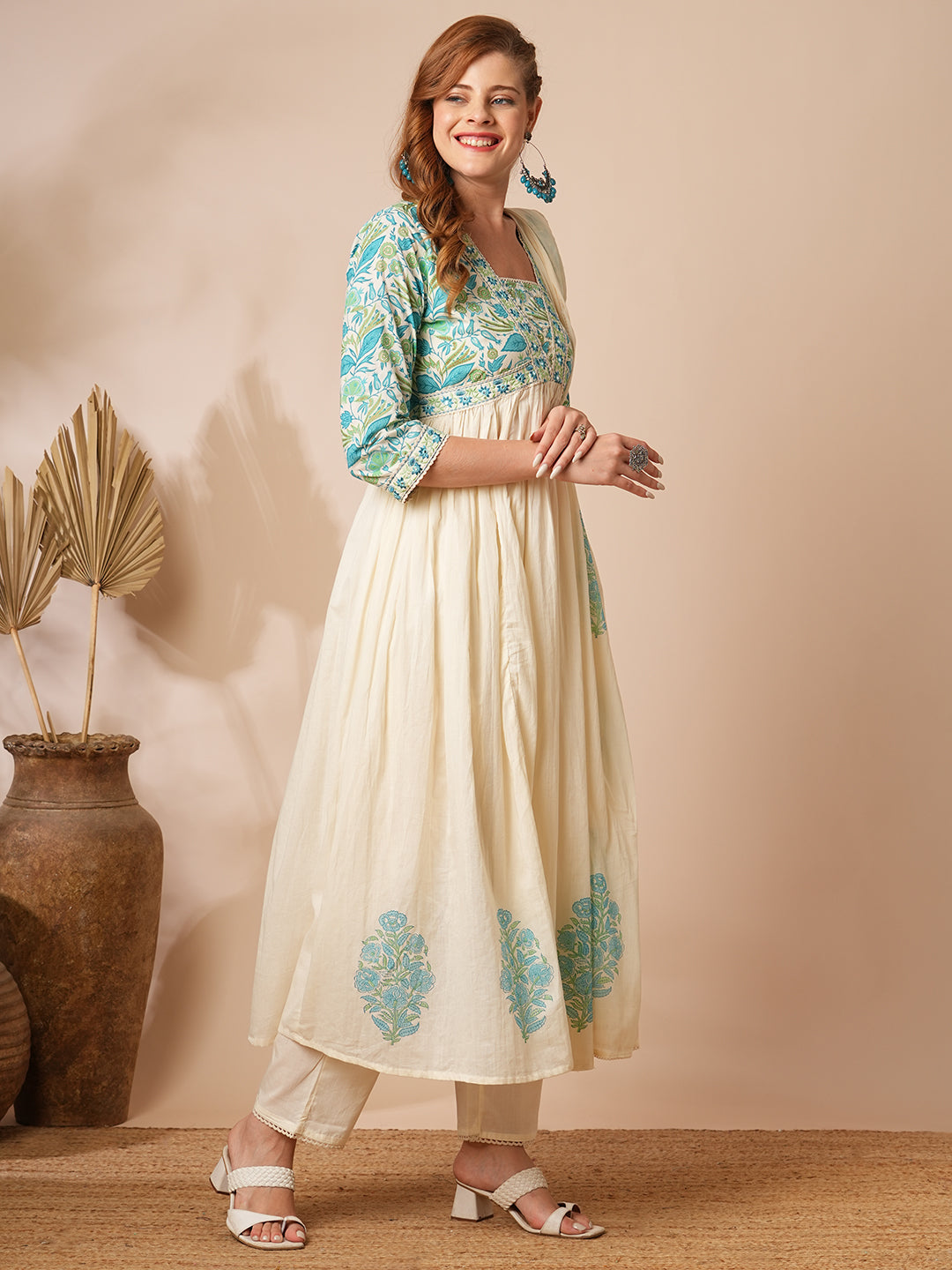 Floral Printed & Embroidered A-Line Pleated Kurta with Pant & Dupatta - Off White