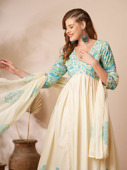 Floral Printed & Embroidered A-Line Pleated Kurta with Pant & Dupatta - Off White