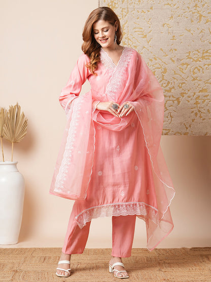 Floral Embroidered A-Line Kurta with Pant & Embroidered Dupatta - Peach