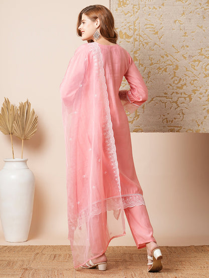 Floral Embroidered A-Line Kurta with Pant & Embroidered Dupatta - Peach