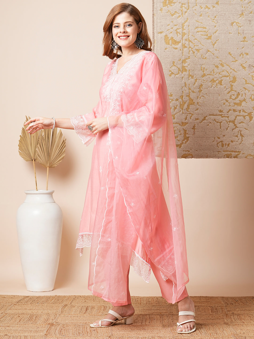 Floral Embroidered A-Line Kurta with Pant & Embroidered Dupatta - Peach