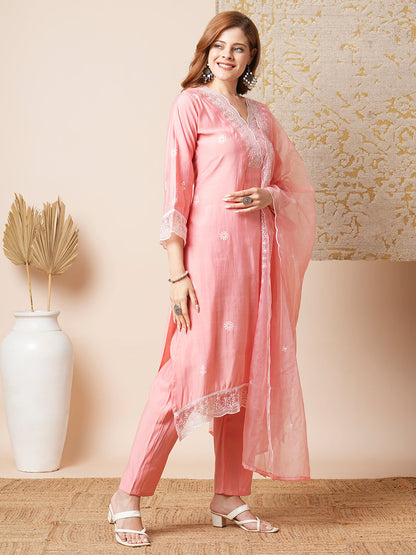 Floral Embroidered A-Line Kurta with Pant & Embroidered Dupatta - Peach