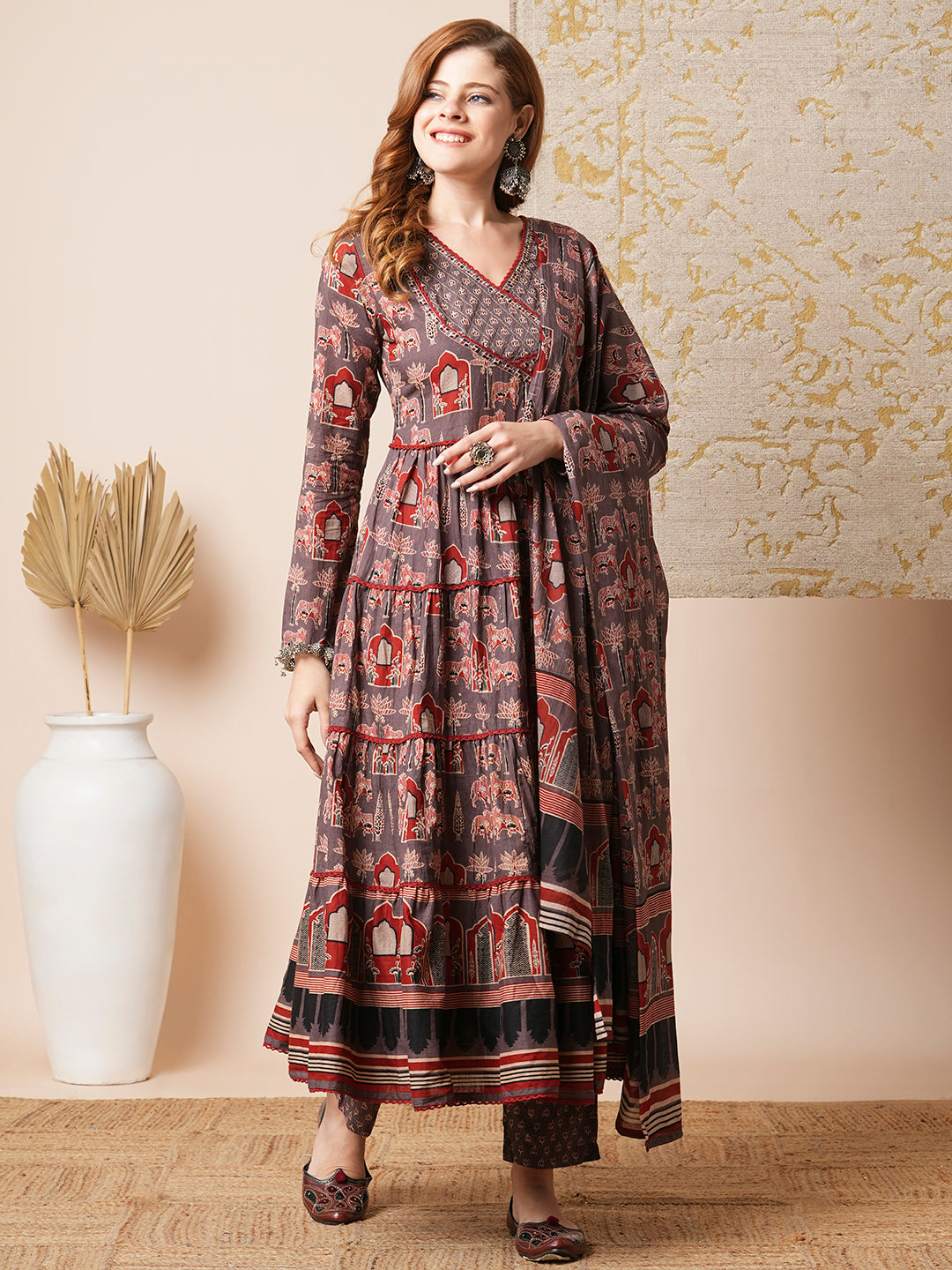 Ethnic Printed Embroidered A-Line Tiered Flared Kurta with Pant and Dupatta - Grey