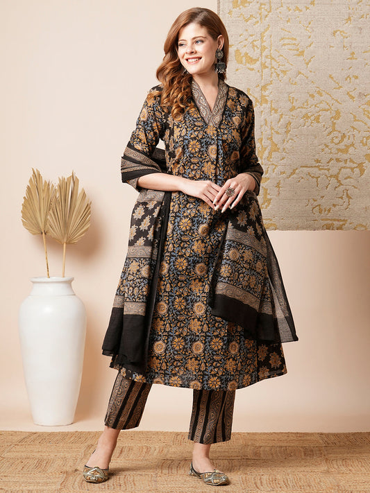 Ethnic Floral Printed A-Line Paneled Kurta with Pant and Dupatta - Brown