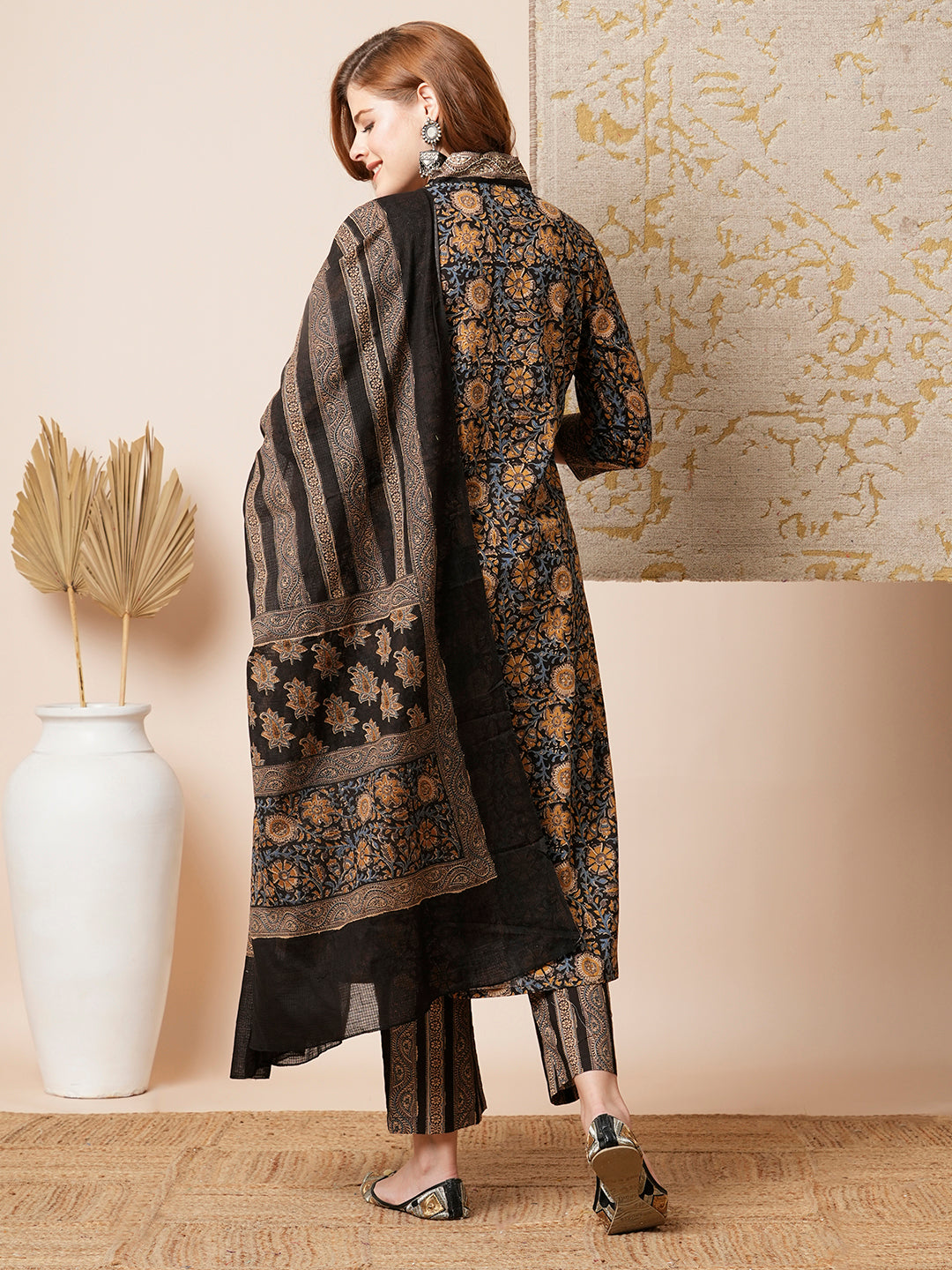 Ethnic Floral Printed A-Line Paneled Kurta with Pant and Dupatta - Brown