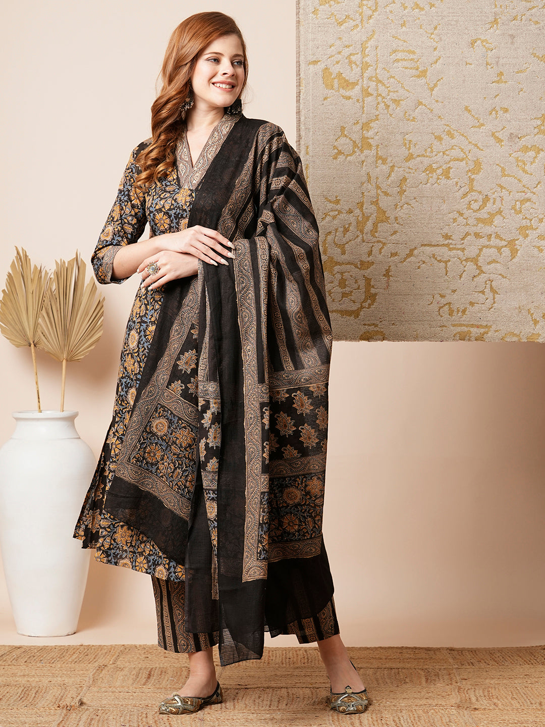 Ethnic Floral Printed A-Line Paneled Kurta with Pant and Dupatta - Brown