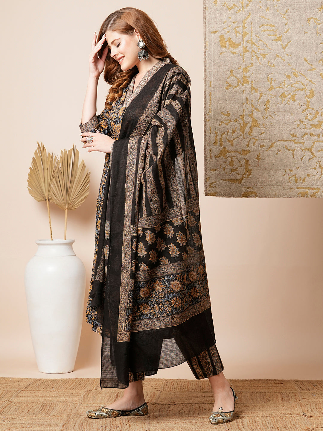 Ethnic Floral Printed A-Line Paneled Kurta with Pant and Dupatta - Brown