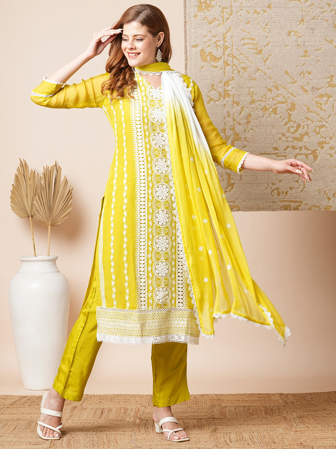 Floral Embroidered Straight Fit Kurta with Pant and Dupatta - Lime Green