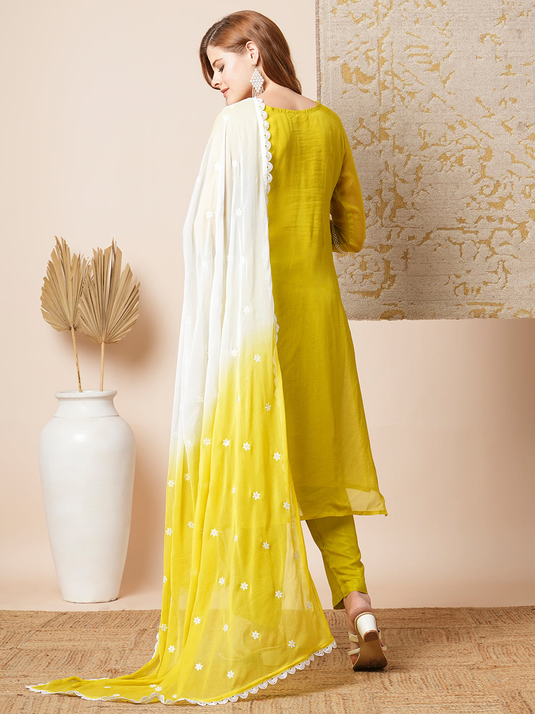 Floral Embroidered Straight Fit Kurta with Pant and Dupatta - Lime Green