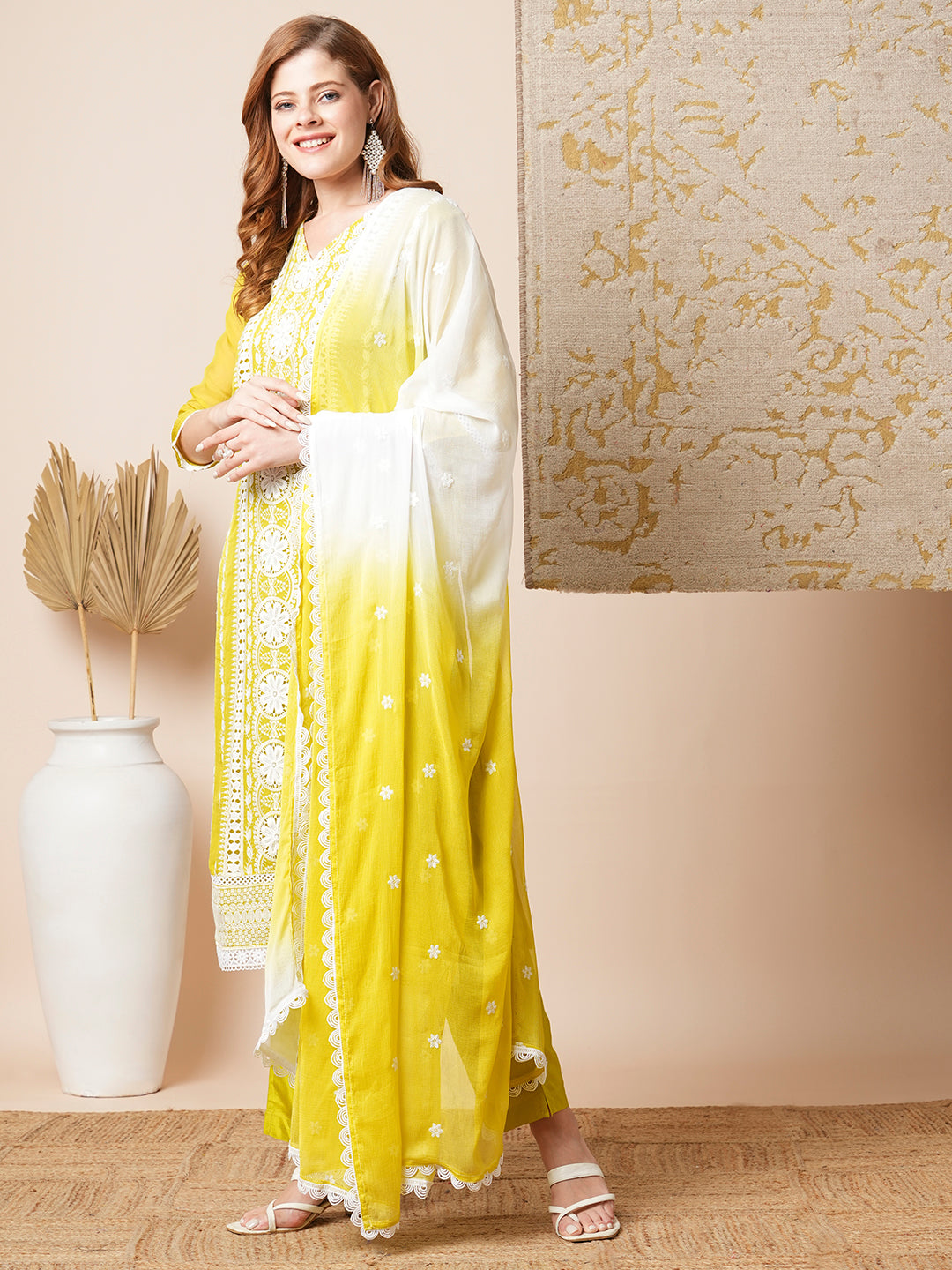 Floral Embroidered Straight Fit Kurta with Pant and Dupatta - Lime Green