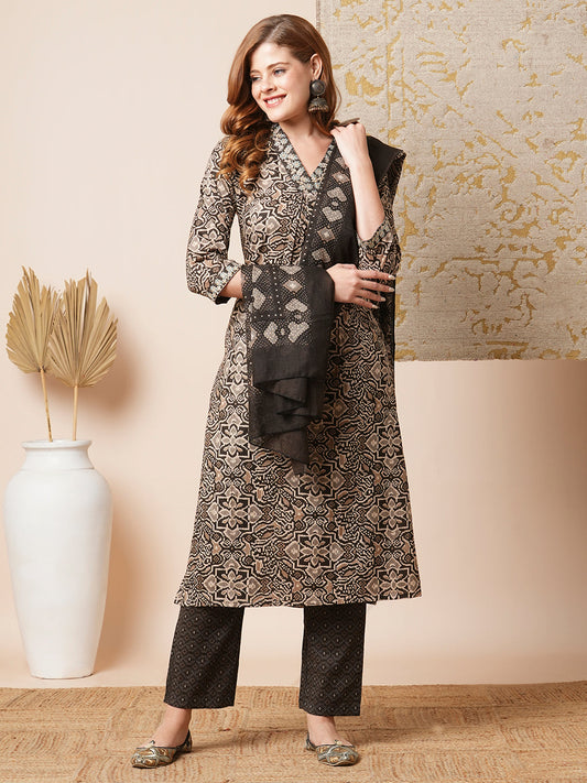 Ethnic Printed & Embroidered Straight Fit Kurta with Pant and Dupatta - Brown