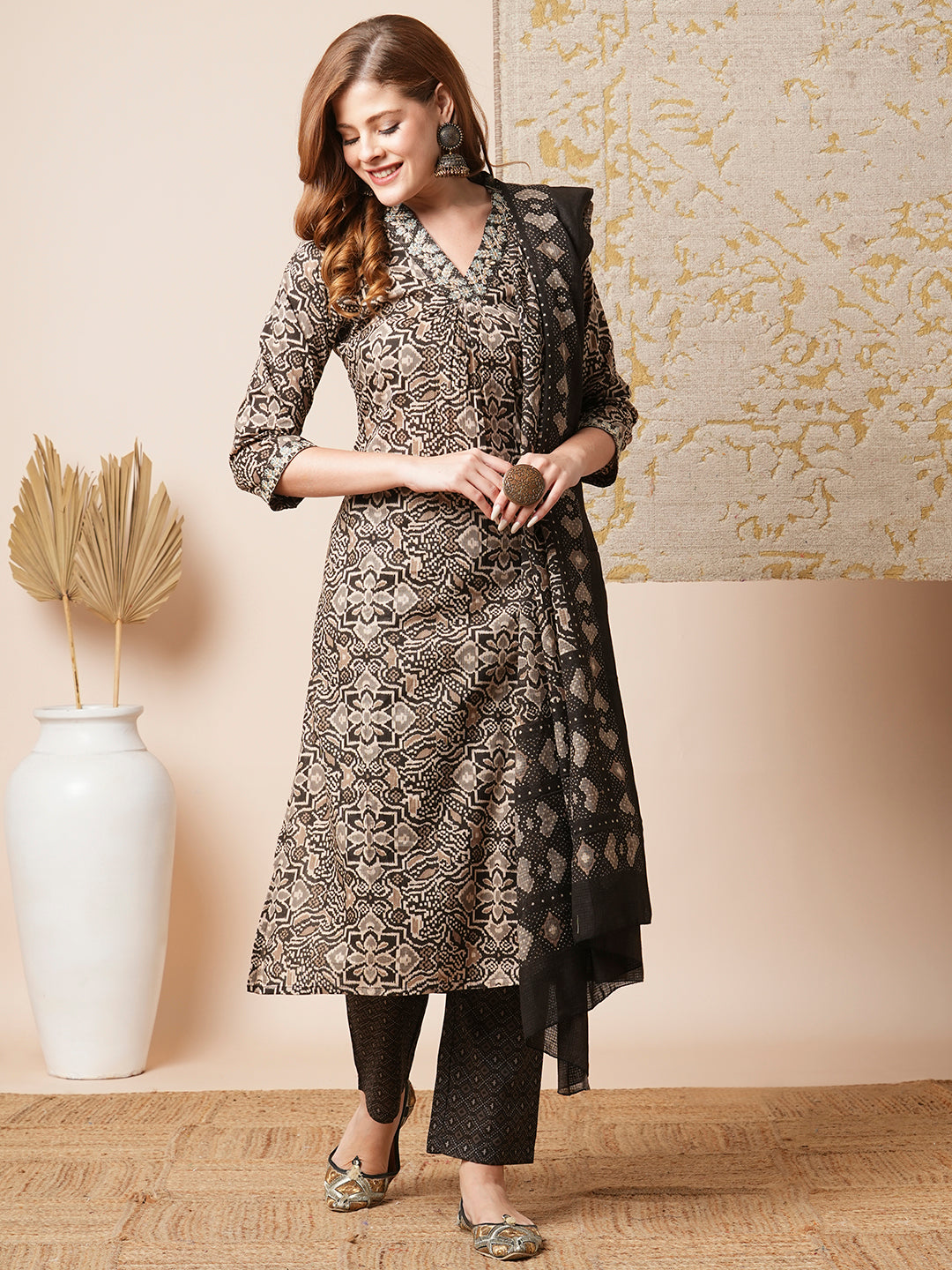 Ethnic Printed & Embroidered Straight Fit Kurta with Pant and Dupatta - Brown