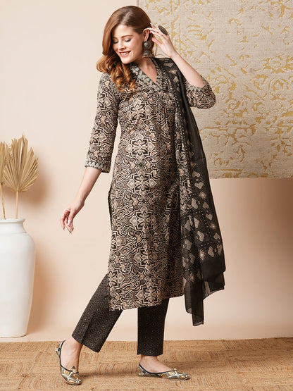 Ethnic Printed & Embroidered Straight Fit Kurta with Pant and Dupatta - Brown