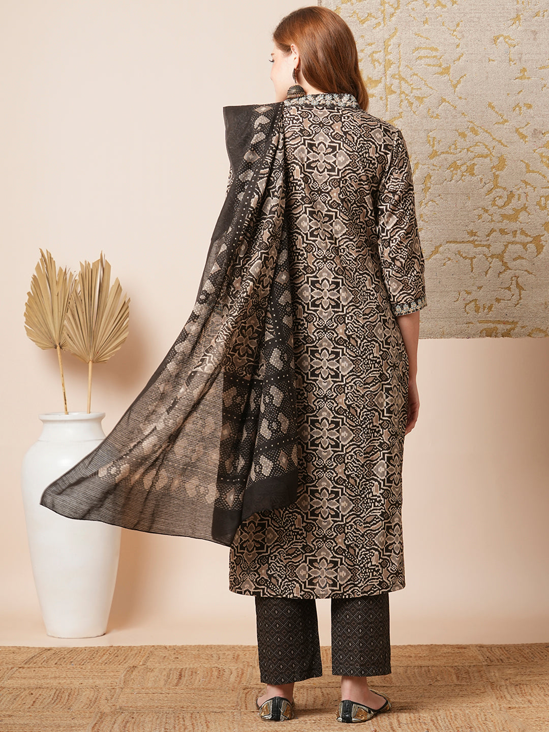 Ethnic Printed & Embroidered Straight Fit Kurta with Pant and Dupatta - Brown