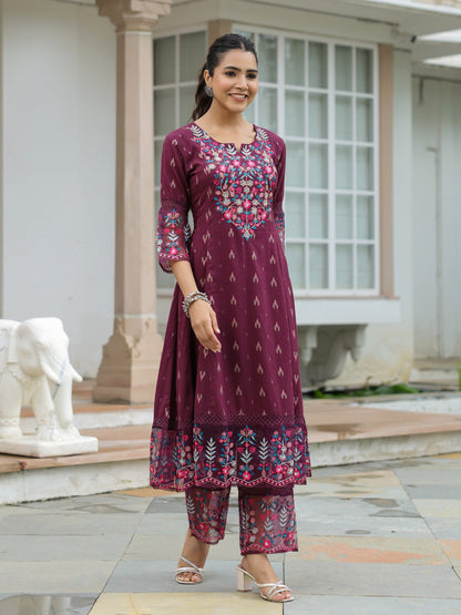 Ethnic Woven & Floral Embroidered A-Line Paneled Kurta with Palazzo - Deep Purple