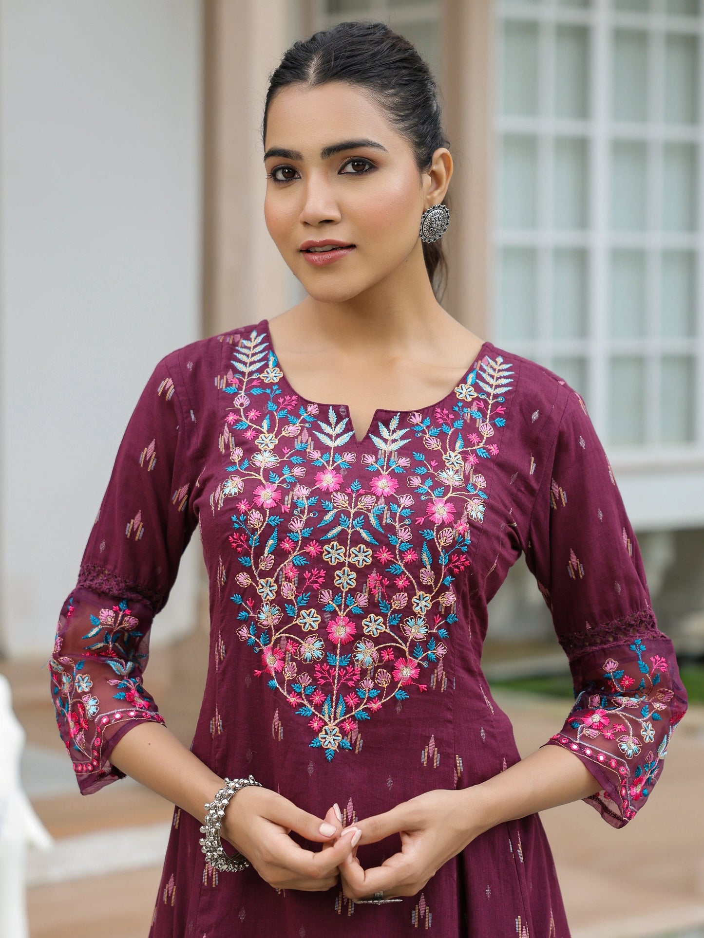 Ethnic Woven & Floral Embroidered A-Line Paneled Kurta with Palazzo - Deep Purple