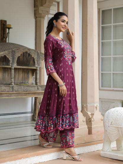 Ethnic Woven & Floral Embroidered A-Line Paneled Kurta with Palazzo - Deep Purple