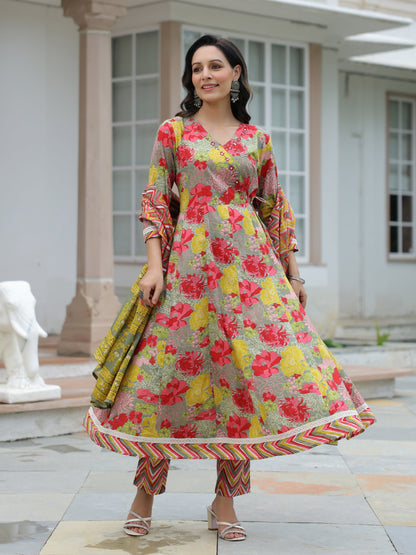 Floral Printed & Embroidered Anarkali Kurta with Pant & Pure Cotton Dupatta - Multi